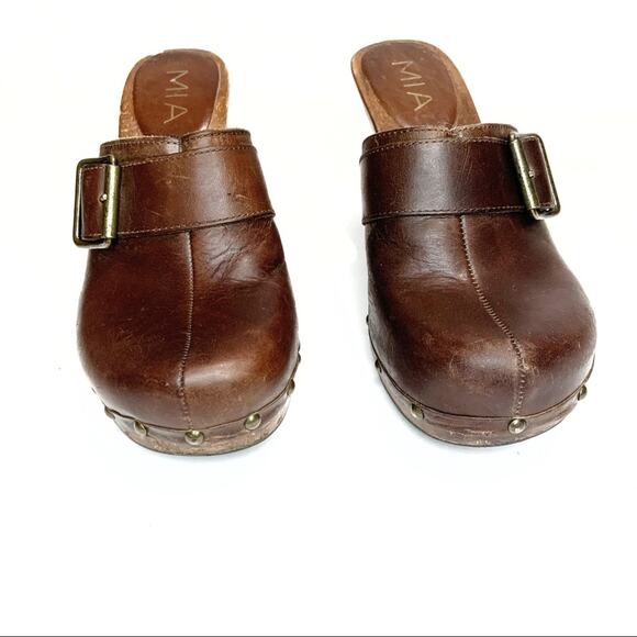 MIA Brown Leather Wooden Heel Mule Clogs Size 7 - Picture 2 of 8